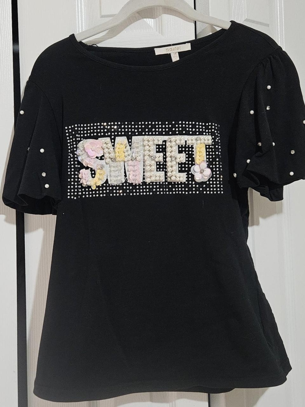 SweeT Embellished Black Women's Tee with Floral Accent